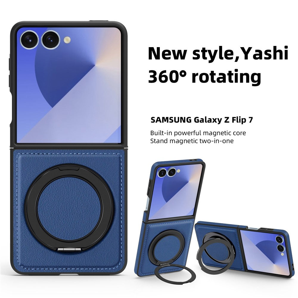For Samsung Galaxy Z Flip7 5G Case with Ring Kickstand Compatible with MagSafe PU Leather Back Cover - Sapphire