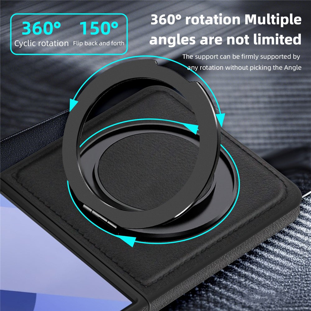 For Samsung Galaxy Z Flip7 5G Case with Ring Kickstand Compatible with MagSafe PU Leather Back Cover - Black