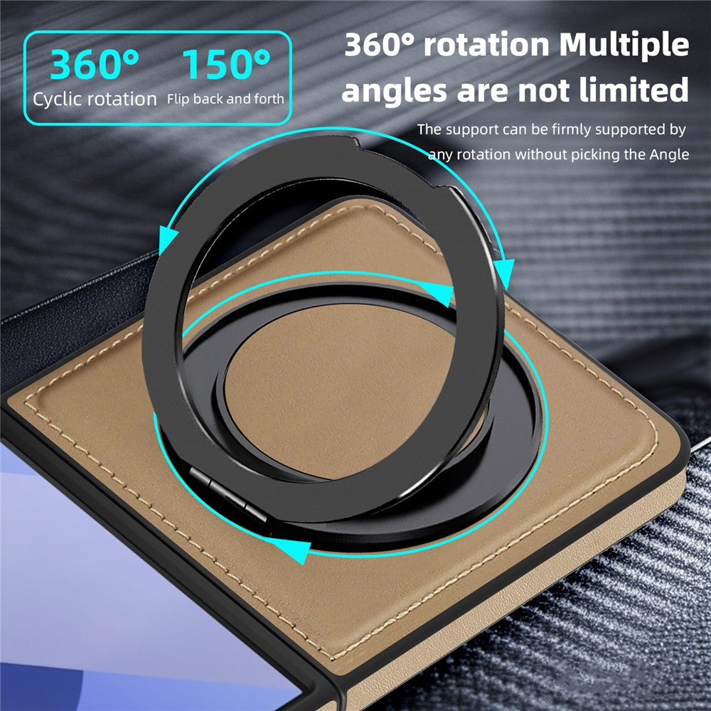 For Samsung Galaxy Z Flip7 5G Case with Ring Kickstand Compatible with MagSafe PU Leather Back Cover - Desert Gold