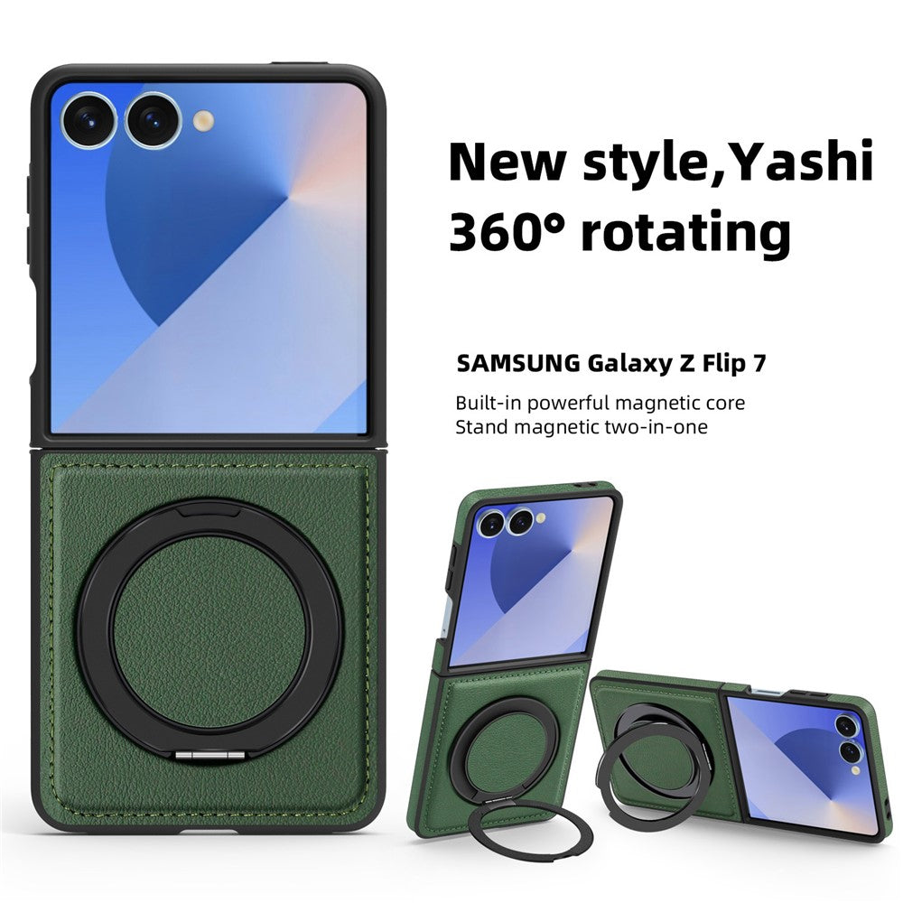 For Samsung Galaxy Z Flip7 5G Case with Ring Kickstand Compatible with MagSafe PU Leather Back Cover - Green