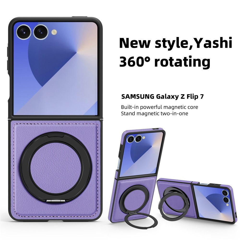 For Samsung Galaxy Z Flip7 5G Case with Ring Kickstand Compatible with MagSafe PU Leather Back Cover - Purple