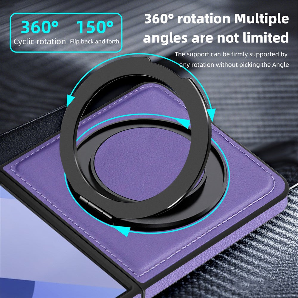 For Samsung Galaxy Z Flip7 5G Case with Ring Kickstand Compatible with MagSafe PU Leather Back Cover - Purple
