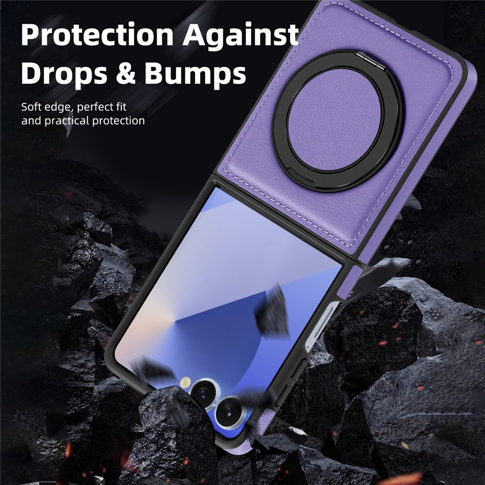 For Samsung Galaxy Z Flip7 5G Case with Ring Kickstand Compatible with MagSafe PU Leather Back Cover - Purple