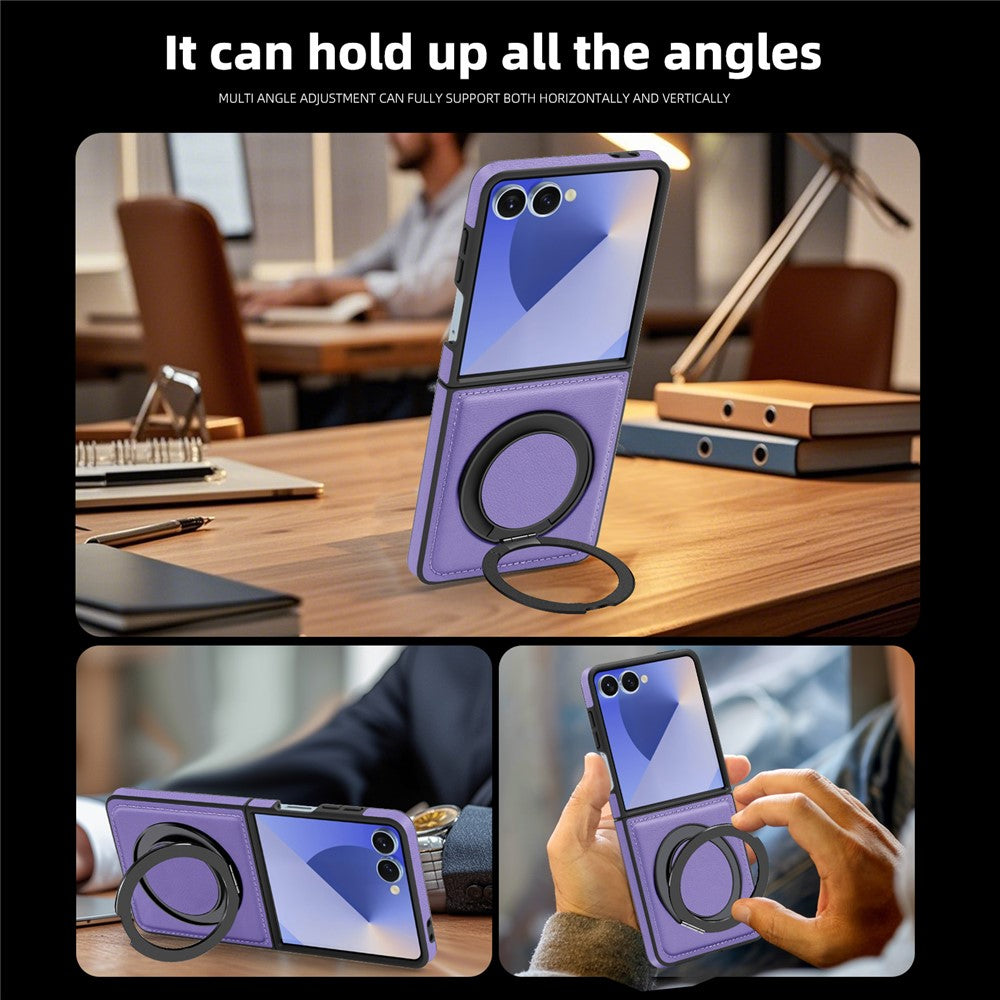 For Samsung Galaxy Z Flip7 5G Case with Ring Kickstand Compatible with MagSafe PU Leather Back Cover - Purple