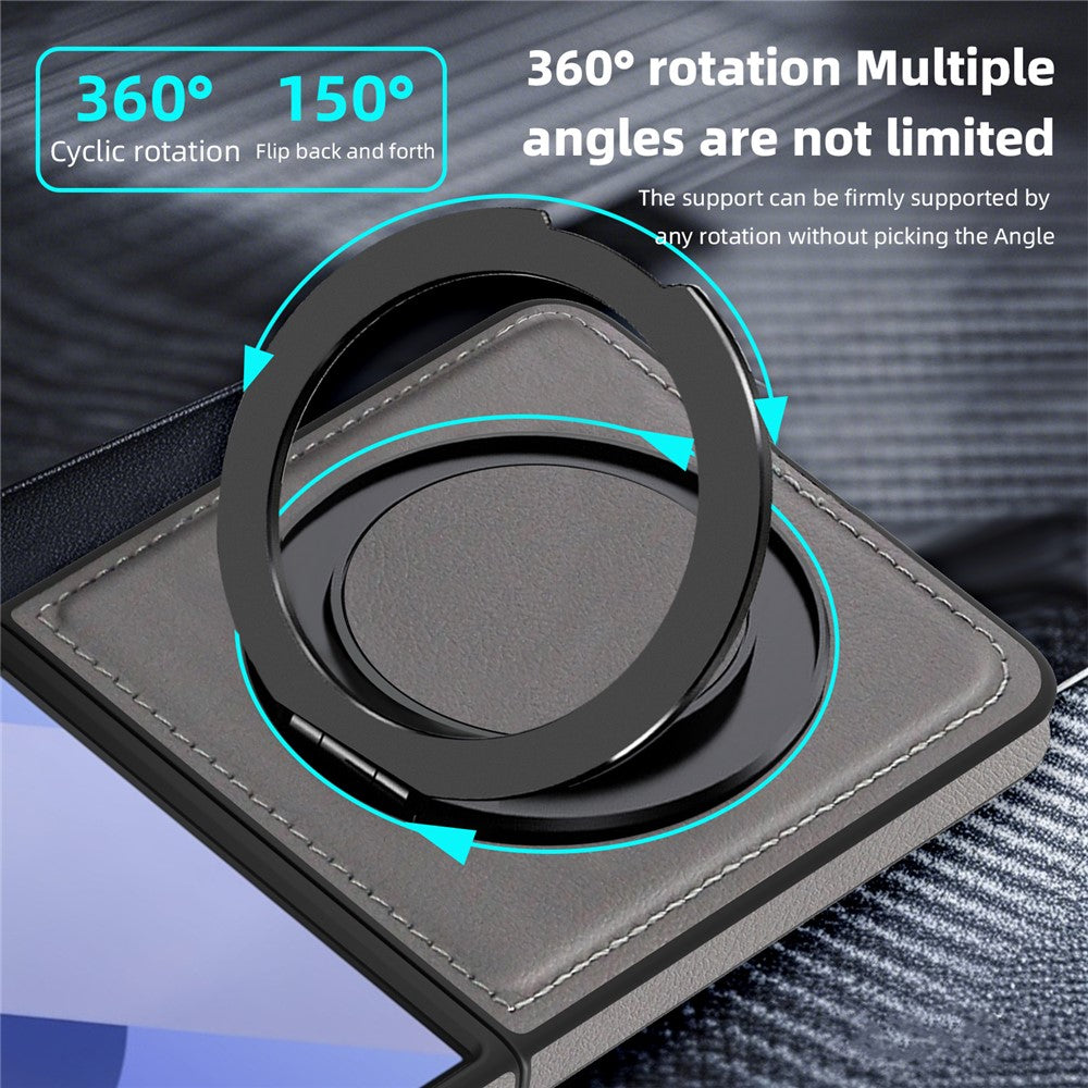 For Samsung Galaxy Z Flip7 5G Case with Ring Kickstand Compatible with MagSafe PU Leather Back Cover - Grey