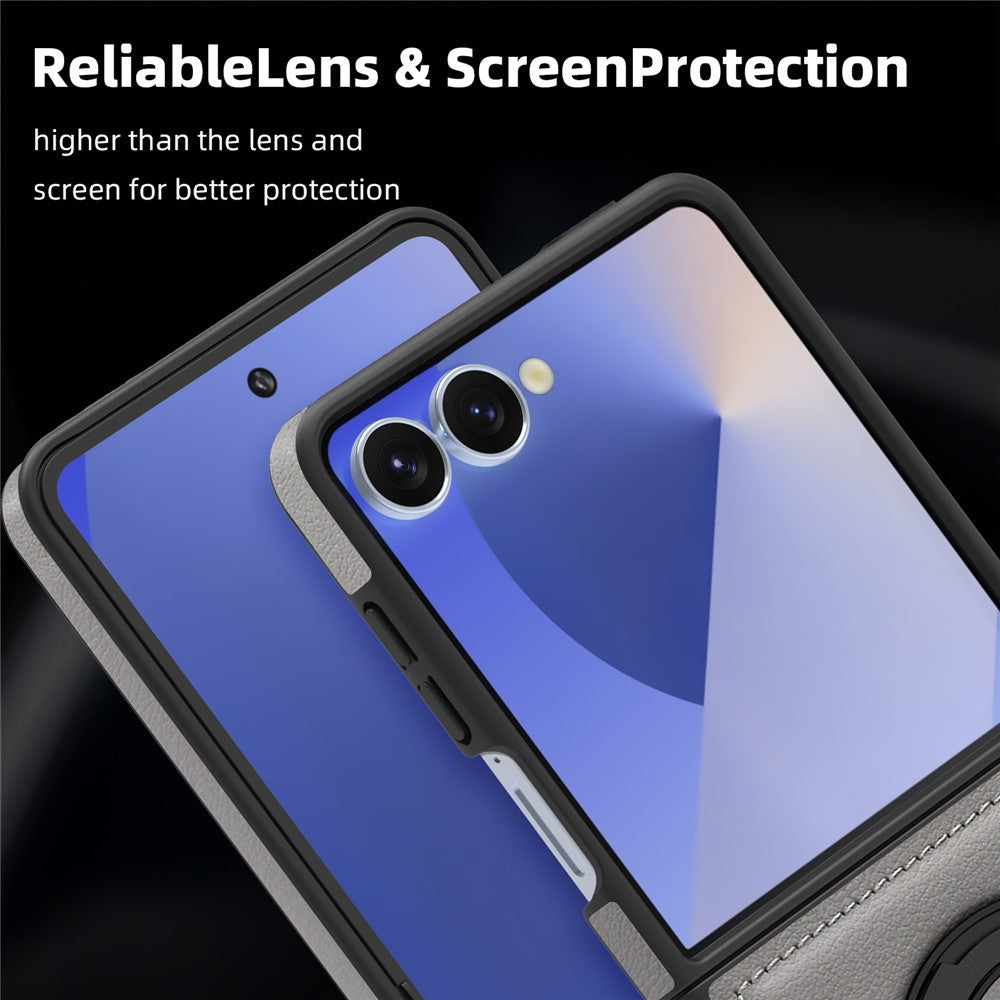 For Samsung Galaxy Z Flip7 5G Case with Ring Kickstand Compatible with MagSafe PU Leather Back Cover - Grey