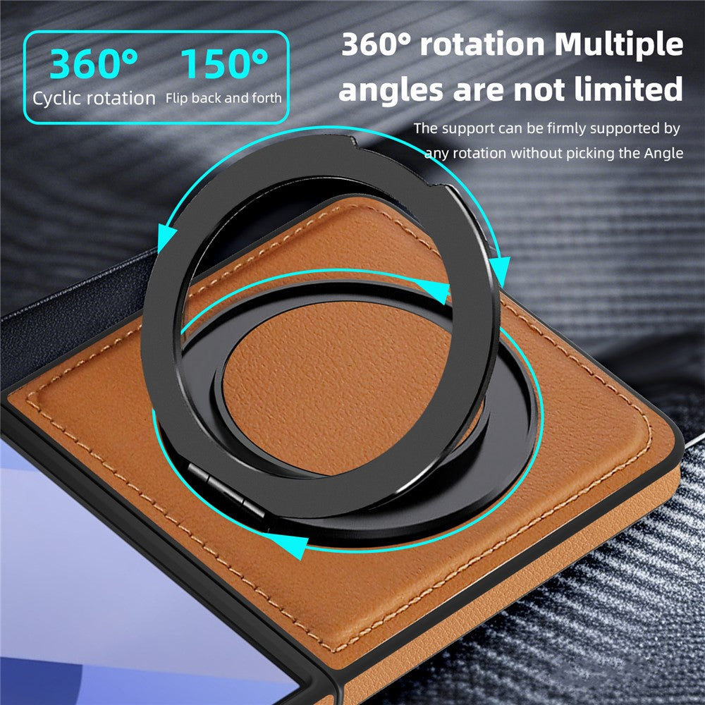 For Samsung Galaxy Z Flip7 5G Case with Ring Kickstand Compatible with MagSafe PU Leather Back Cover - Orange