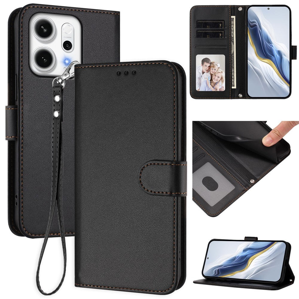 For Oppo Reno14 Pro 5G (Global) Leather Case Wallet Stand Phone Cover with Wrist Strap - Black