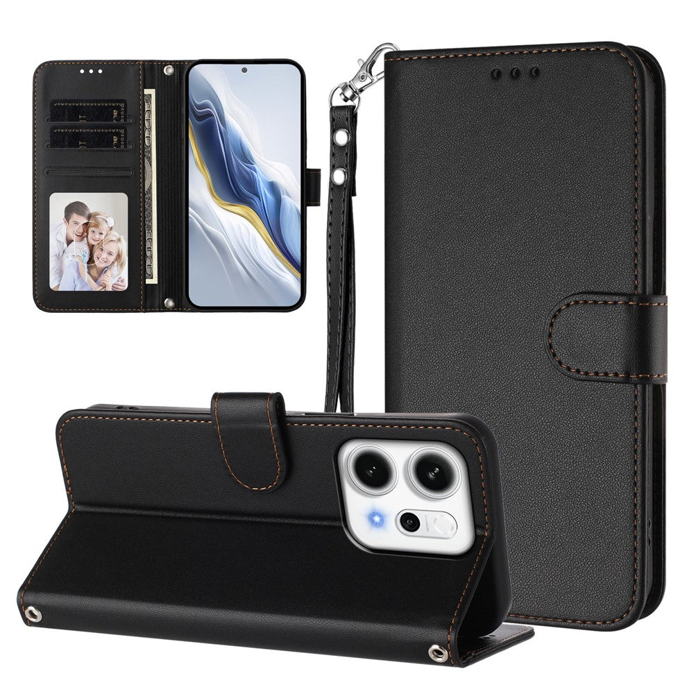 For Oppo Reno14 Pro 5G (Global) Leather Case Wallet Stand Phone Cover with Wrist Strap - Black