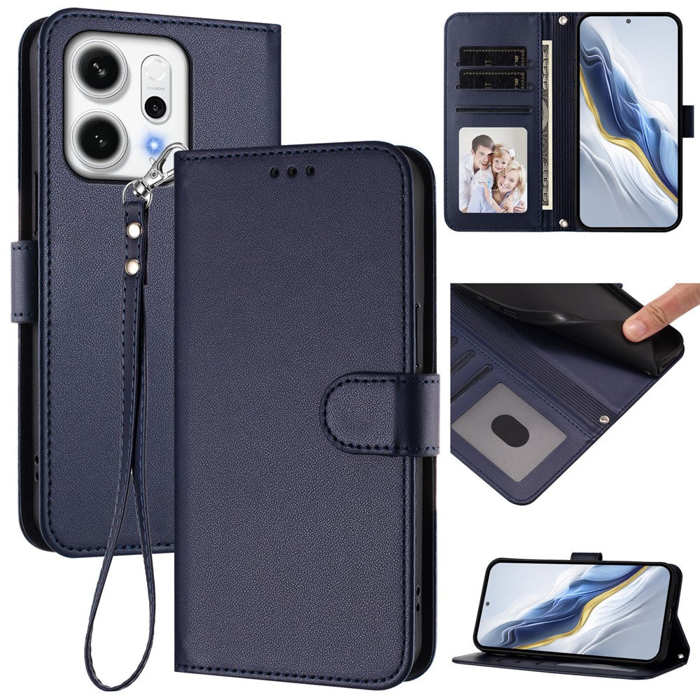 For Oppo Reno14 Pro 5G (Global) Leather Case Wallet Stand Phone Cover with Wrist Strap - Blue
