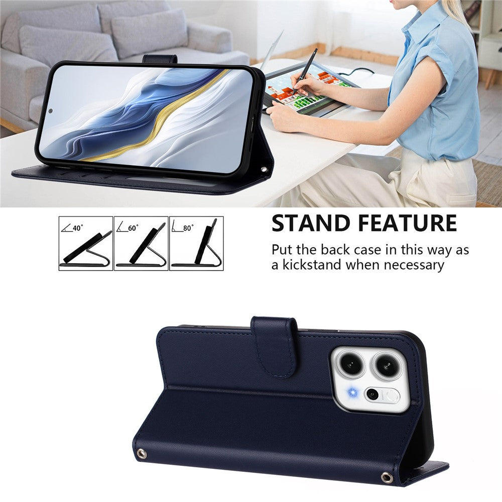 For Oppo Reno14 Pro 5G (Global) Leather Case Wallet Stand Phone Cover with Wrist Strap - Blue