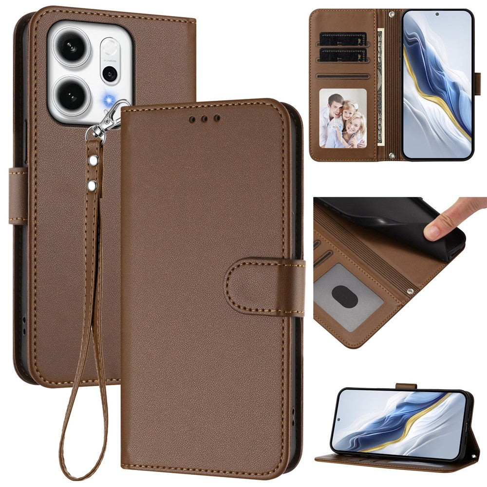 For Oppo Reno14 Pro 5G (Global) Leather Case Wallet Stand Phone Cover with Wrist Strap - Brown