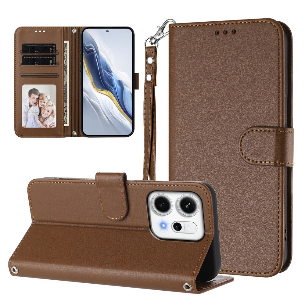 For Oppo Reno14 Pro 5G (Global) Leather Case Wallet Stand Phone Cover with Wrist Strap - Brown