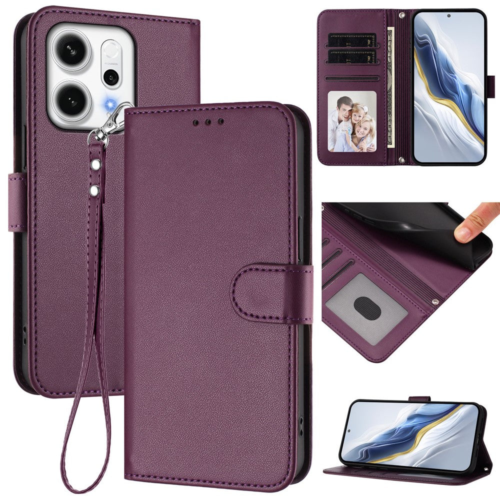 For Oppo Reno14 Pro 5G (Global) Leather Case Wallet Stand Phone Cover with Wrist Strap - Purple