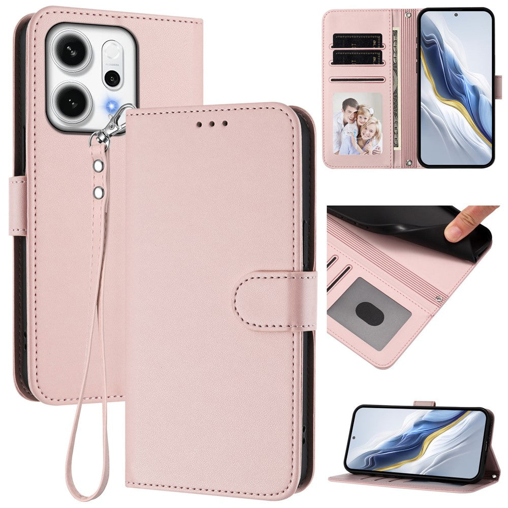 For Oppo Reno14 Pro 5G (Global) Leather Case Wallet Stand Phone Cover with Wrist Strap - Pink
