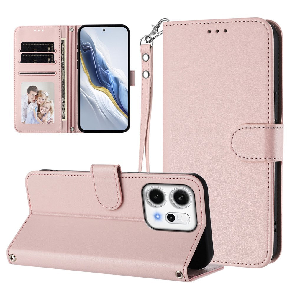 For Oppo Reno14 Pro 5G (Global) Leather Case Wallet Stand Phone Cover with Wrist Strap - Pink