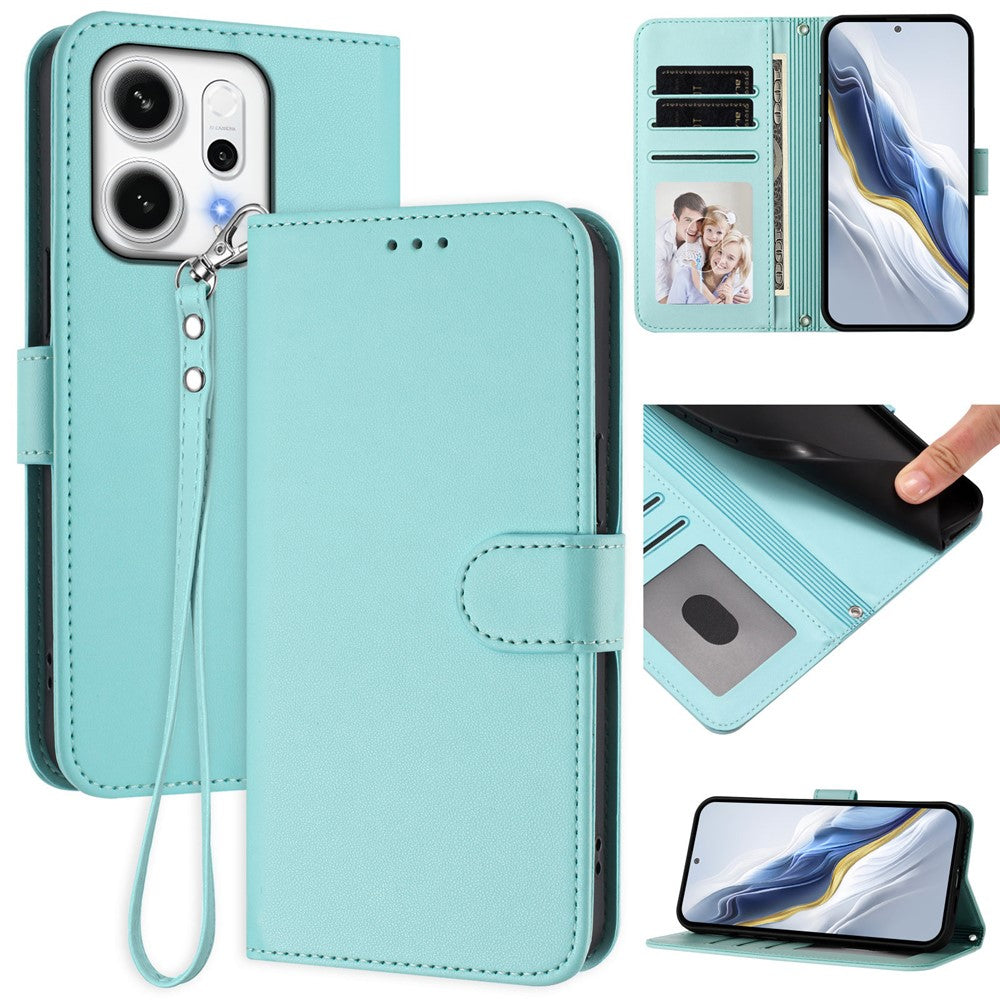 For Oppo Reno14 Pro 5G (Global) Leather Case Wallet Stand Phone Cover with Wrist Strap - Mint Green