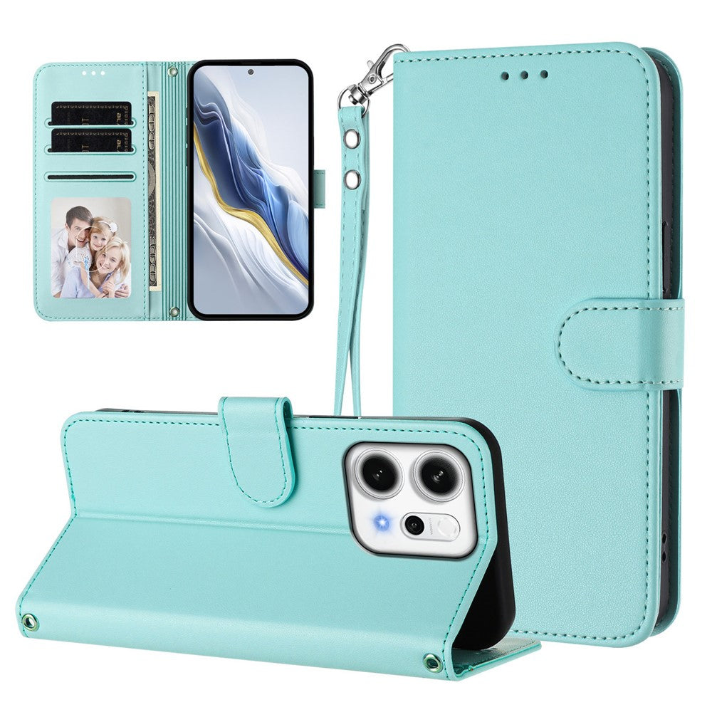For Oppo Reno14 Pro 5G (Global) Leather Case Wallet Stand Phone Cover with Wrist Strap - Mint Green
