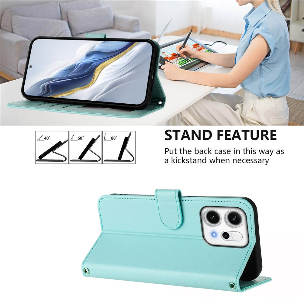 For Oppo Reno14 Pro 5G (Global) Leather Case Wallet Stand Phone Cover with Wrist Strap - Mint Green