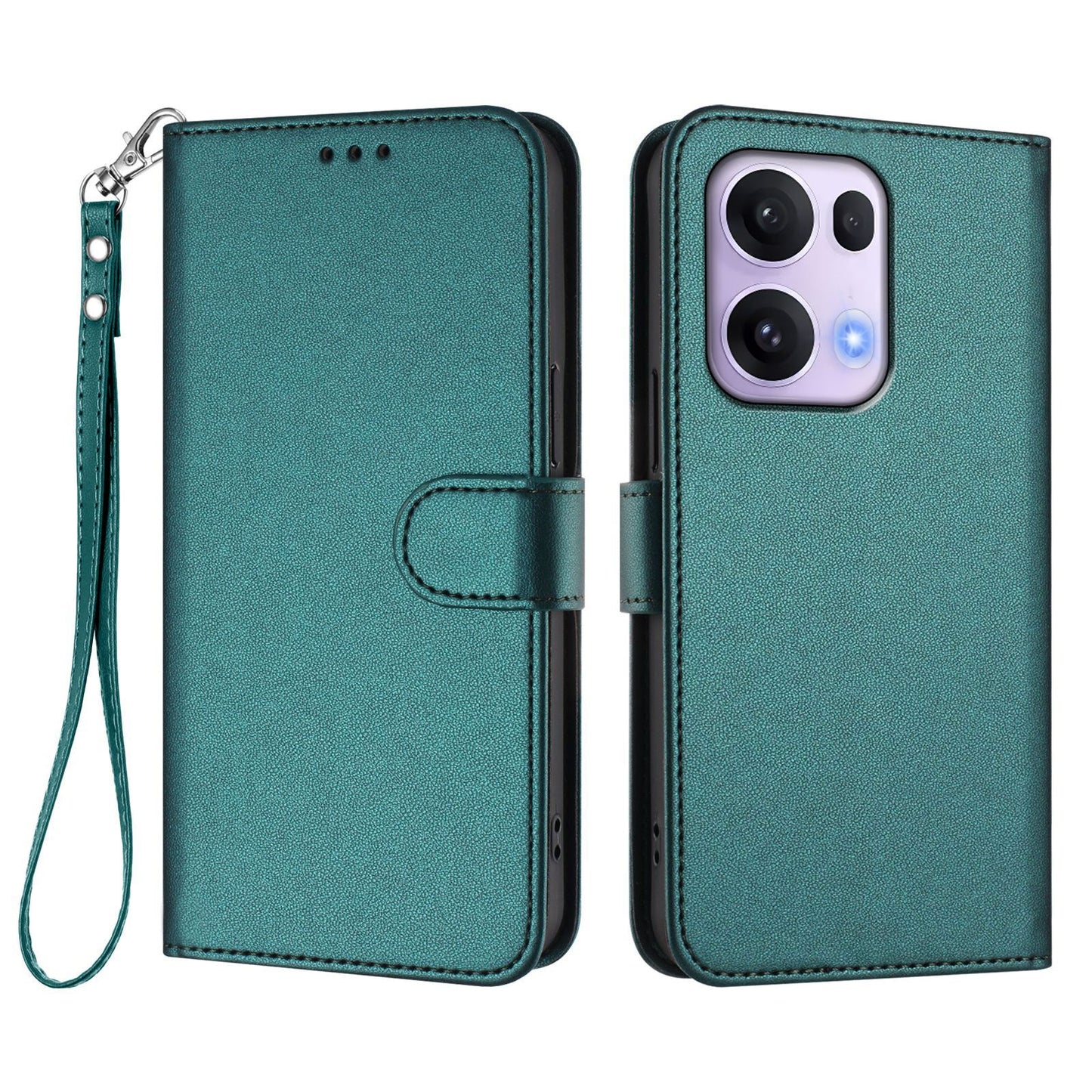 For Oppo Reno13 Pro 5G Leather Case Wallet Stand Phone Cover with Wrist Strap - Green