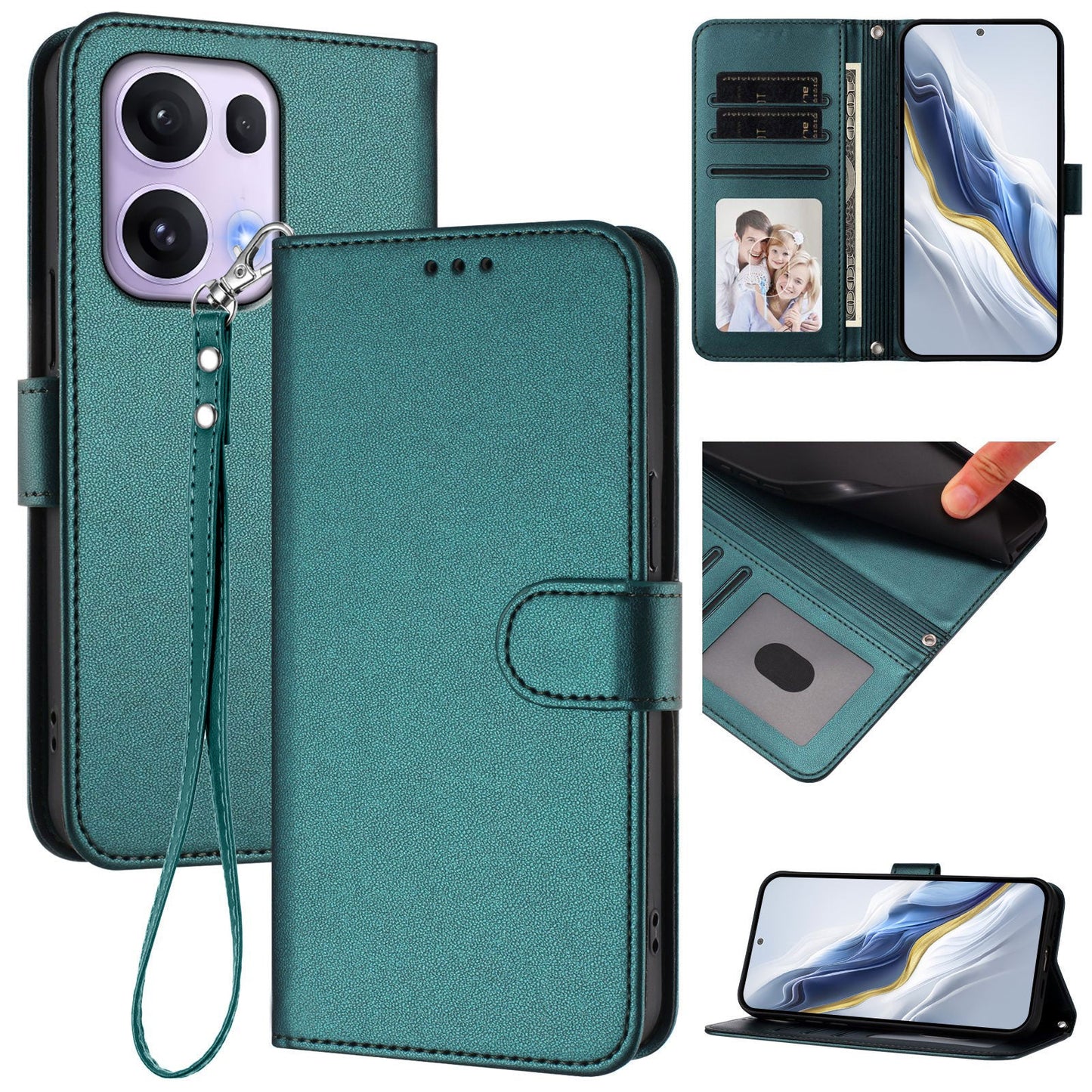 For Oppo Reno13 Pro 5G Leather Case Wallet Stand Phone Cover with Wrist Strap - Green