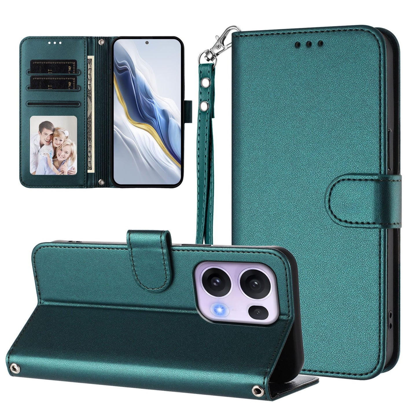 For Oppo Reno13 Pro 5G Leather Case Wallet Stand Phone Cover with Wrist Strap - Green