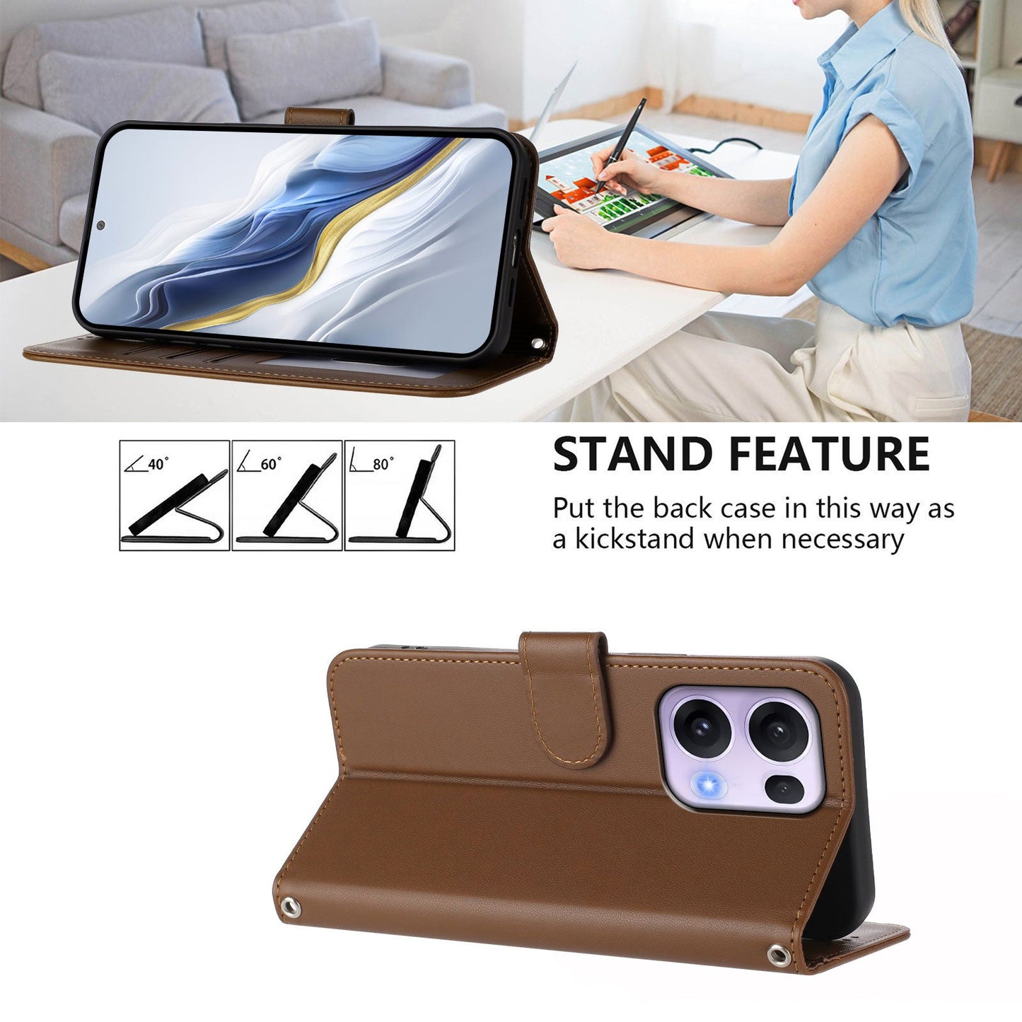 For Oppo Reno13 Pro 5G Leather Case Wallet Stand Phone Cover with Wrist Strap - Brown