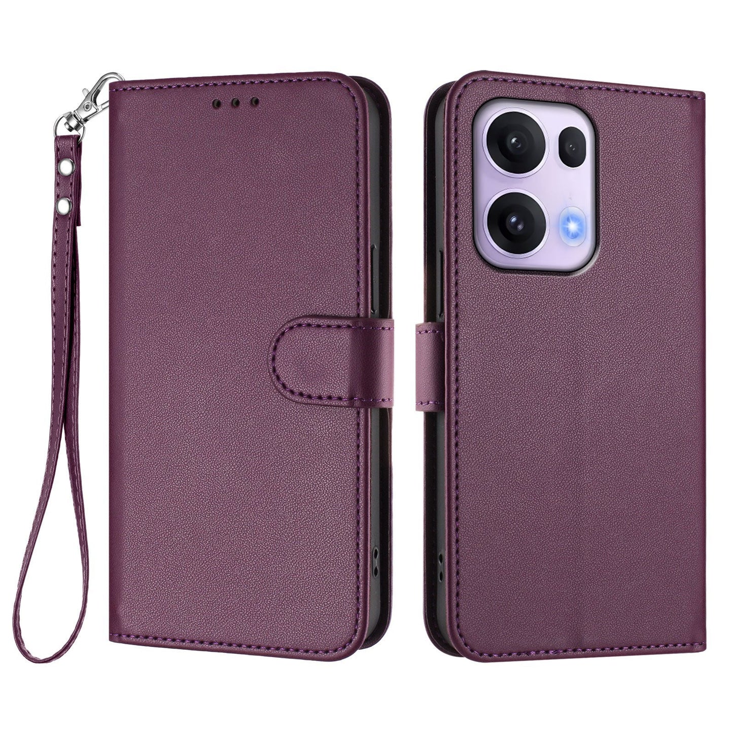For Oppo Reno13 Pro 5G Leather Case Wallet Stand Phone Cover with Wrist Strap - Purple