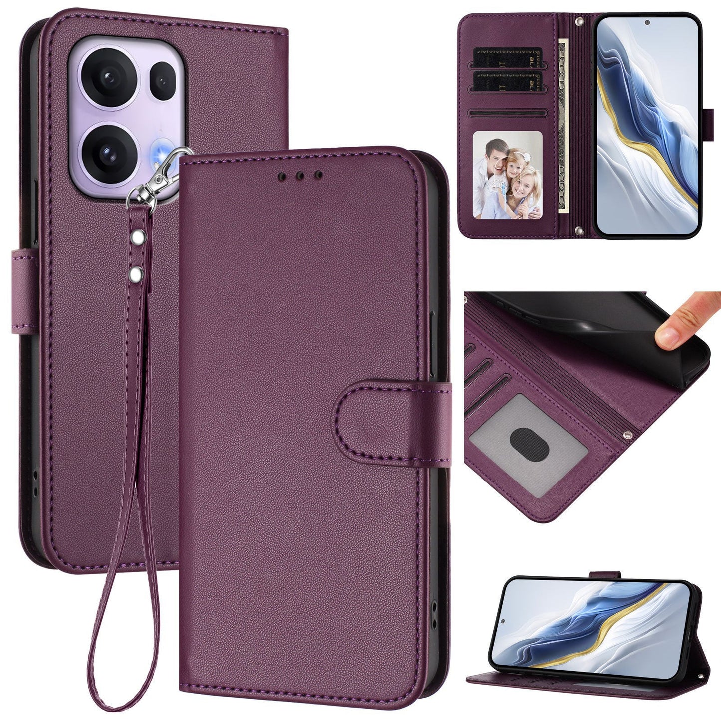 For Oppo Reno13 Pro 5G Leather Case Wallet Stand Phone Cover with Wrist Strap - Purple