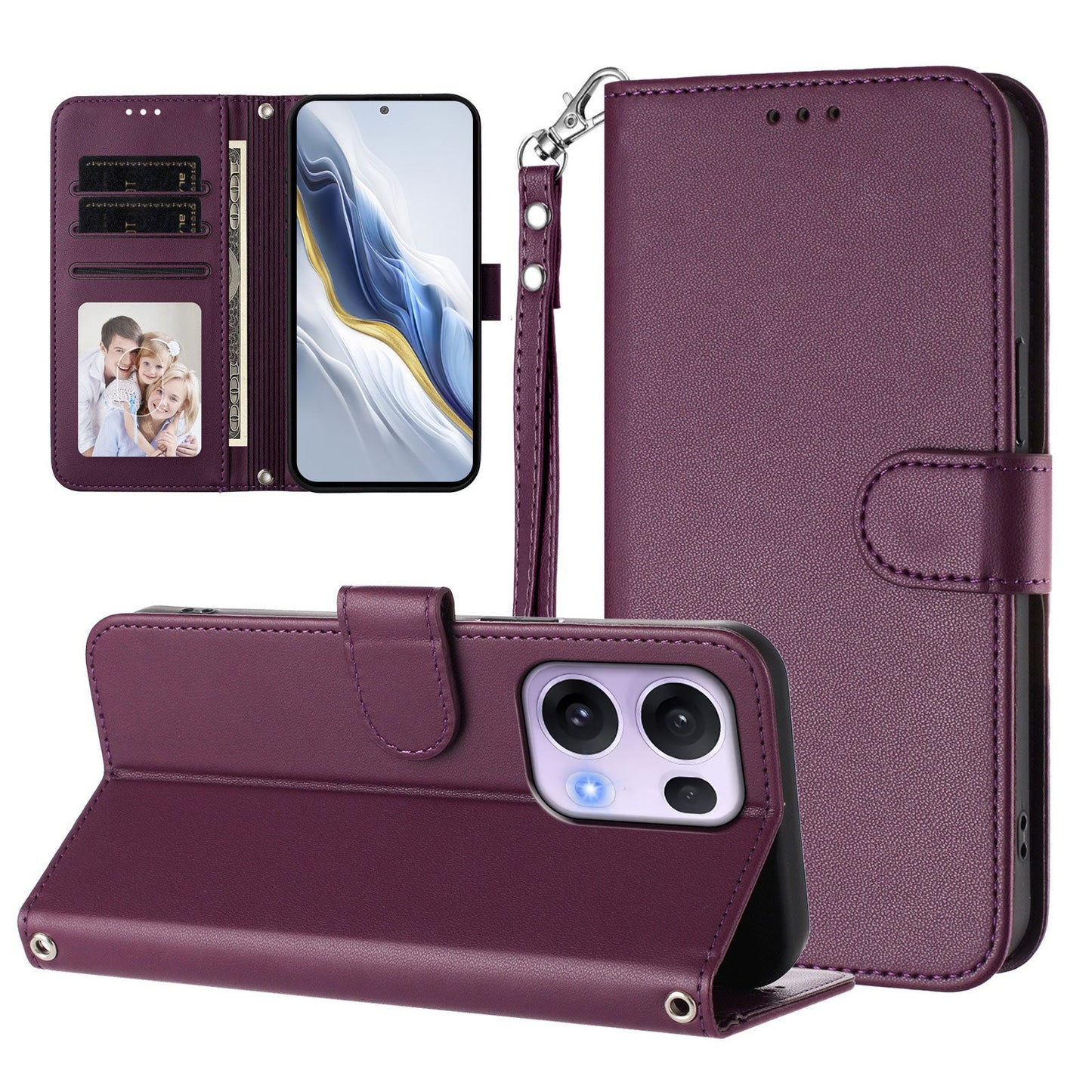For Oppo Reno13 Pro 5G Leather Case Wallet Stand Phone Cover with Wrist Strap - Purple