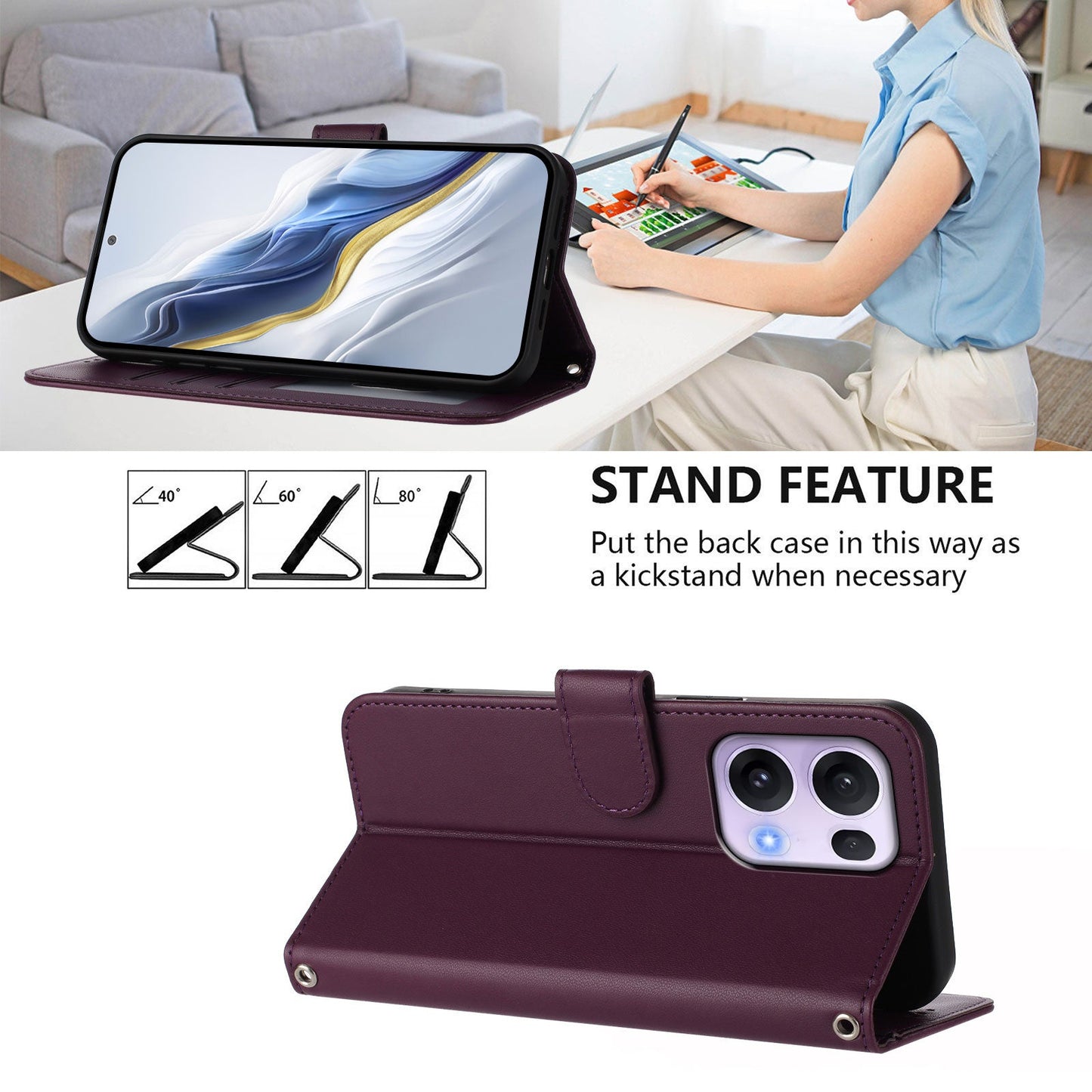 For Oppo Reno13 Pro 5G Leather Case Wallet Stand Phone Cover with Wrist Strap - Purple