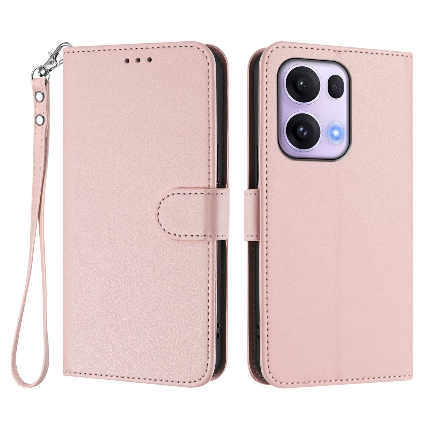 For Oppo Reno13 Pro 5G Leather Case Wallet Stand Phone Cover with Wrist Strap - Pink