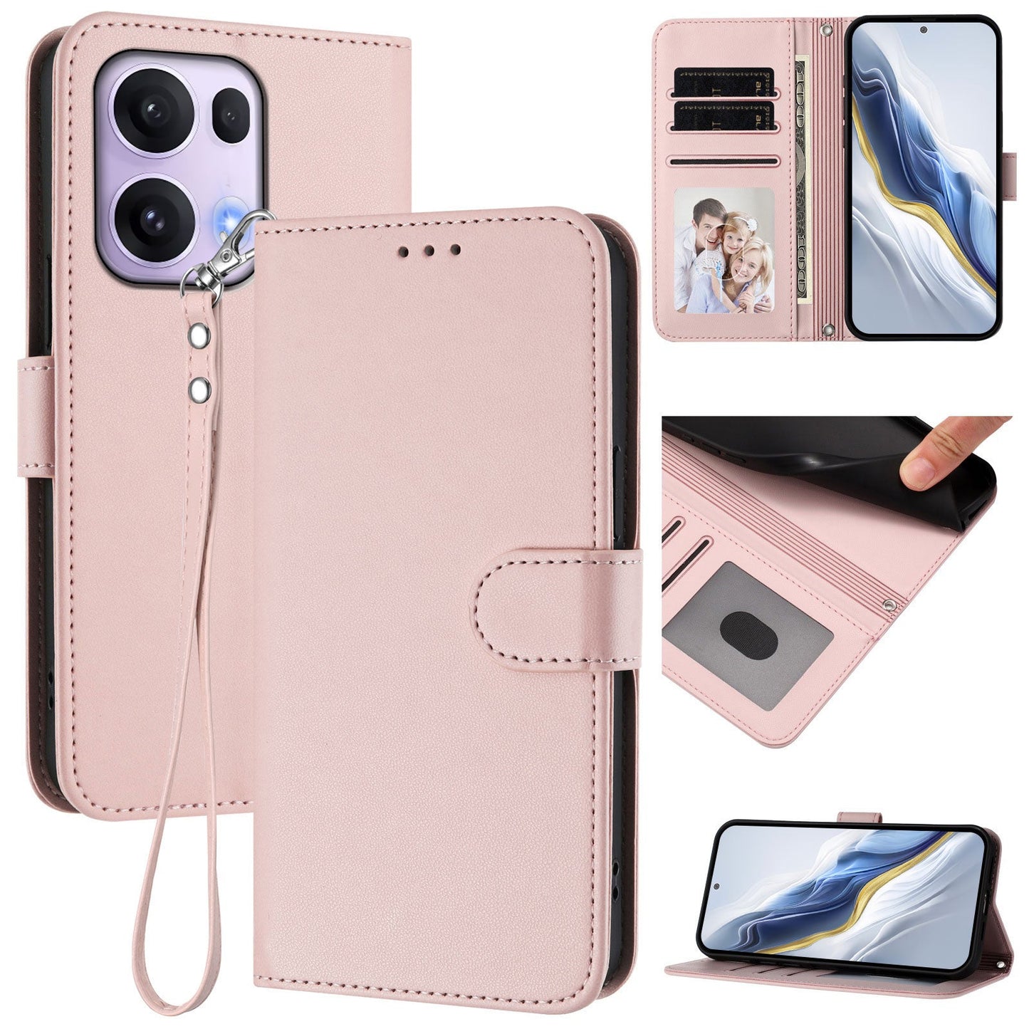 For Oppo Reno13 Pro 5G Leather Case Wallet Stand Phone Cover with Wrist Strap - Pink