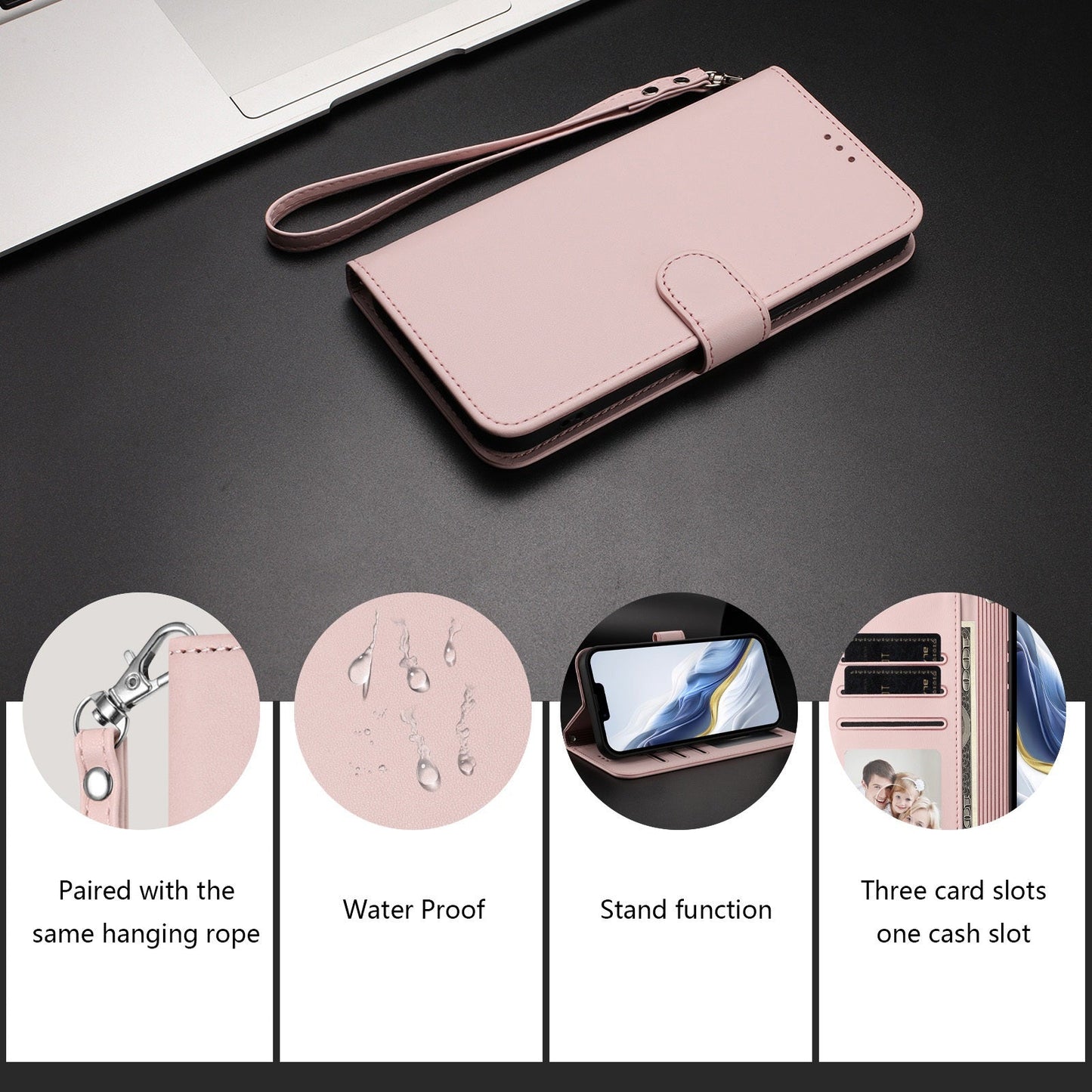For Oppo Reno13 Pro 5G Leather Case Wallet Stand Phone Cover with Wrist Strap - Pink