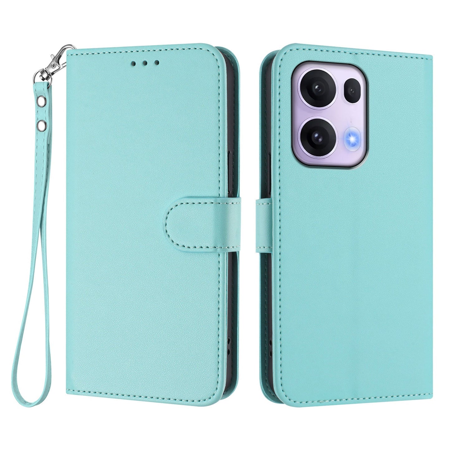 For Oppo Reno13 Pro 5G Leather Case Wallet Stand Phone Cover with Wrist Strap - Mint Green