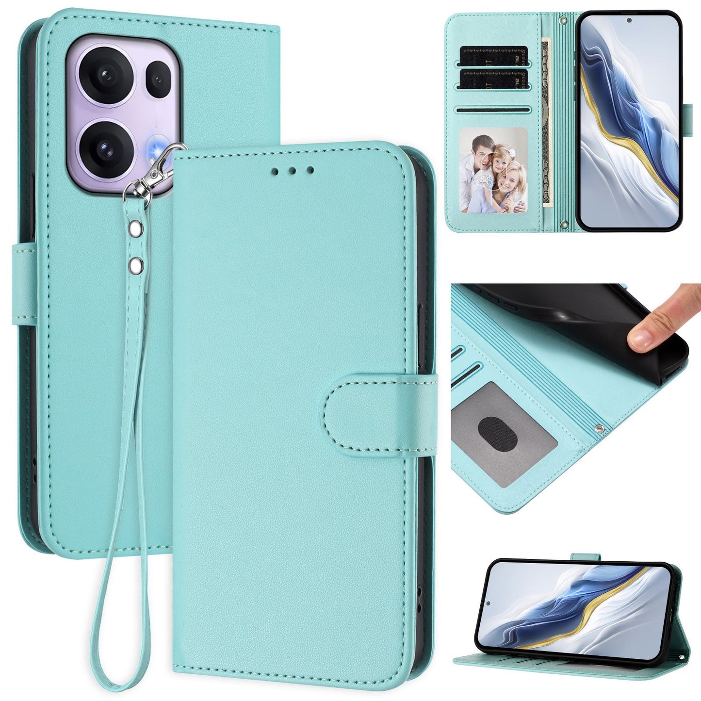 For Oppo Reno13 Pro 5G Leather Case Wallet Stand Phone Cover with Wrist Strap - Mint Green