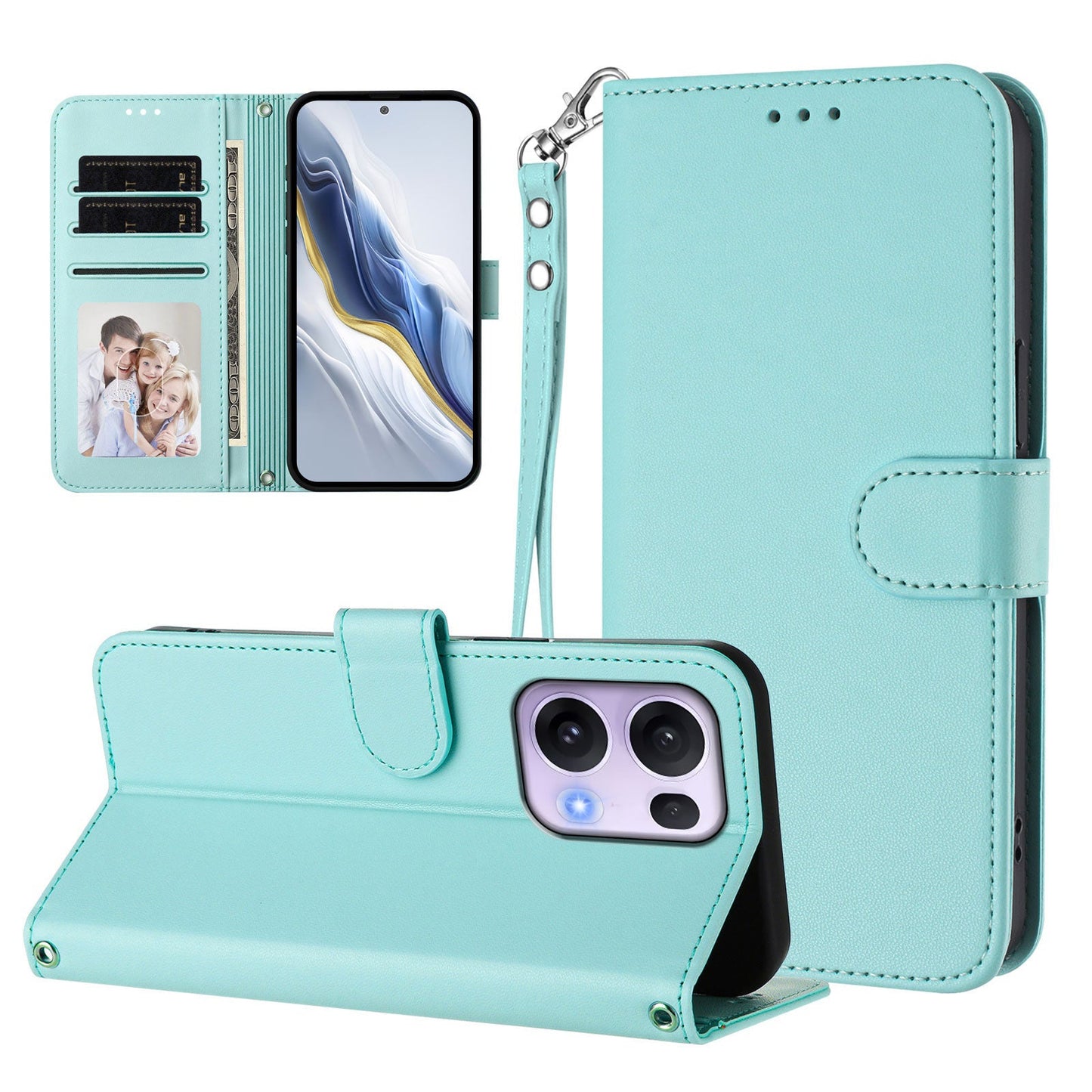 For Oppo Reno13 Pro 5G Leather Case Wallet Stand Phone Cover with Wrist Strap - Mint Green