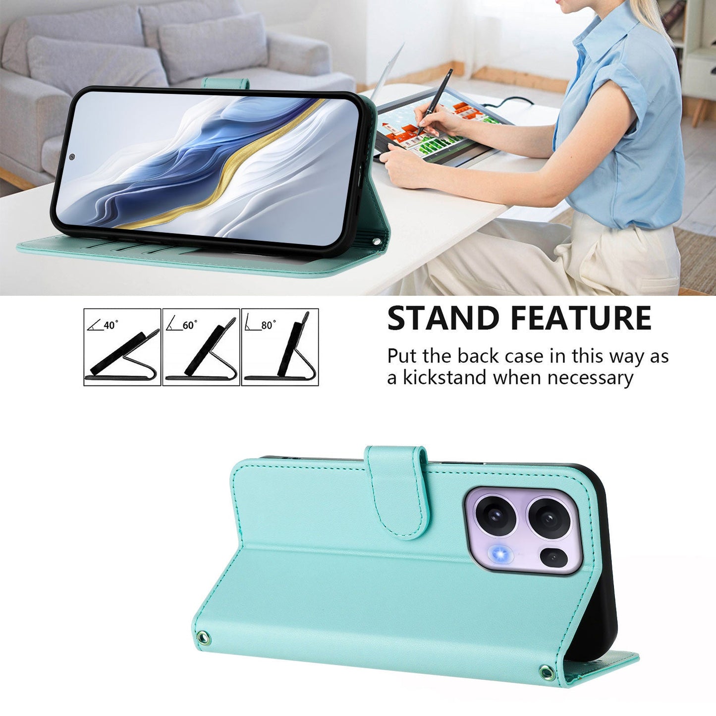 For Oppo Reno13 Pro 5G Leather Case Wallet Stand Phone Cover with Wrist Strap - Mint Green