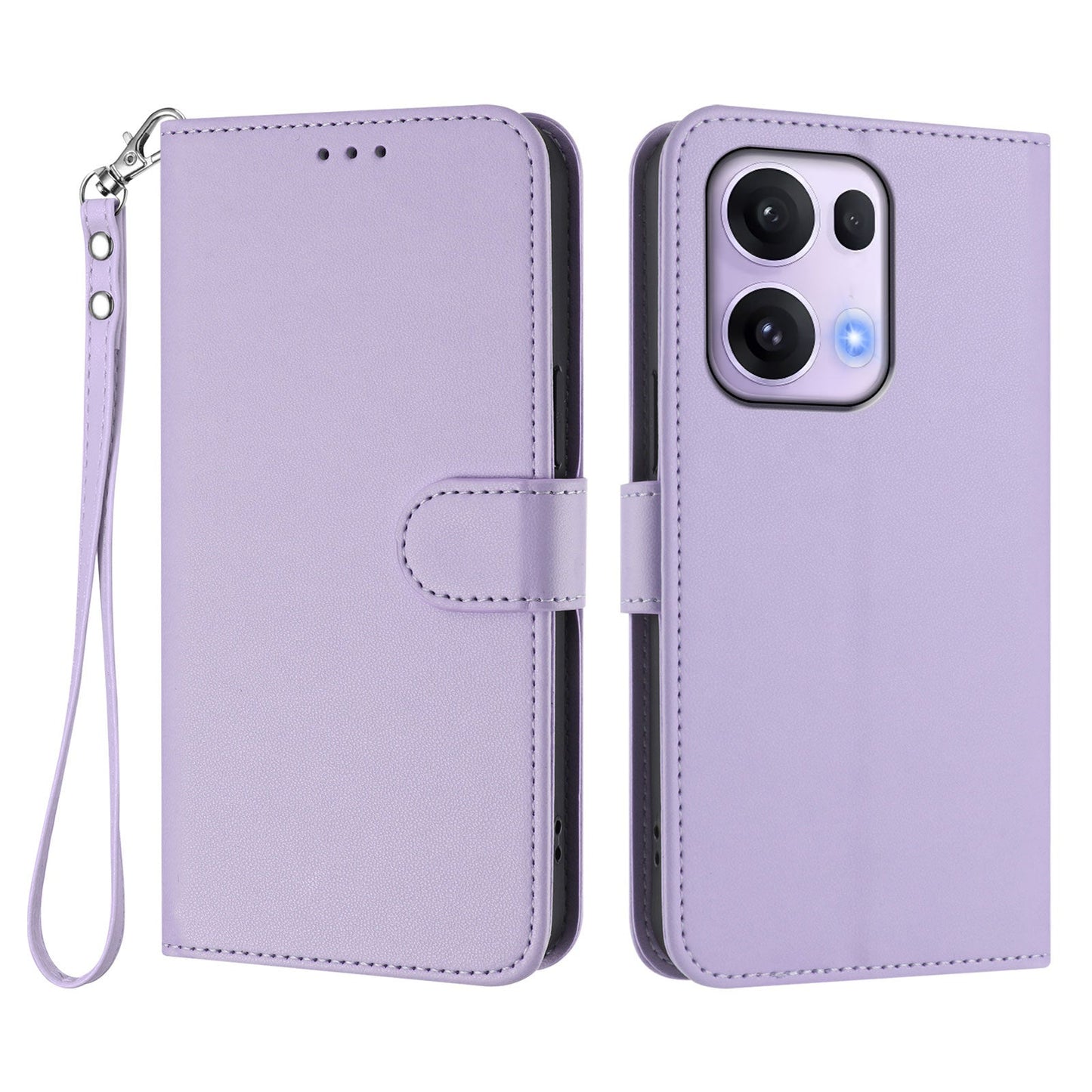 For Oppo Reno13 Pro 5G Leather Case Wallet Stand Phone Cover with Wrist Strap - Light Purple