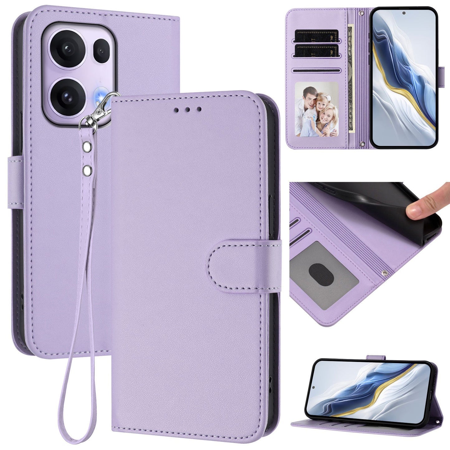 For Oppo Reno13 Pro 5G Leather Case Wallet Stand Phone Cover with Wrist Strap - Light Purple