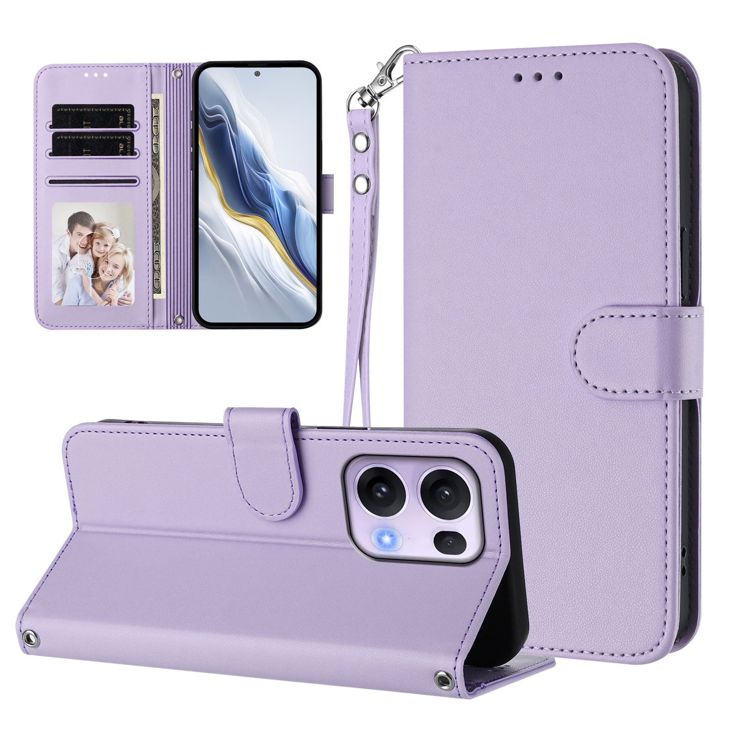 For Oppo Reno13 Pro 5G Leather Case Wallet Stand Phone Cover with Wrist Strap - Light Purple
