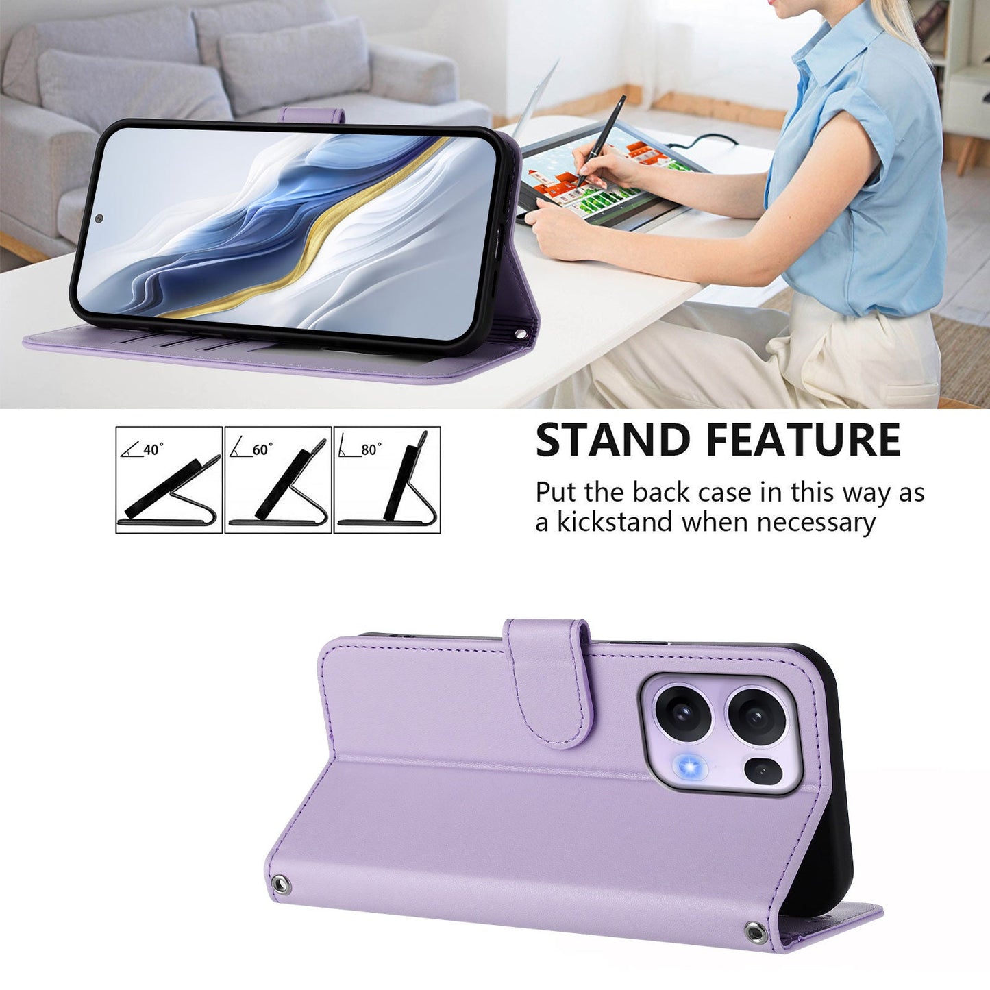 For Oppo Reno13 Pro 5G Leather Case Wallet Stand Phone Cover with Wrist Strap - Light Purple