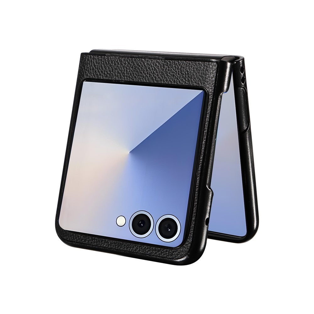 For Samsung Galaxy Z Flip7 5G Case Litchi Texture Leather + Hard PC Phone Cover - Black