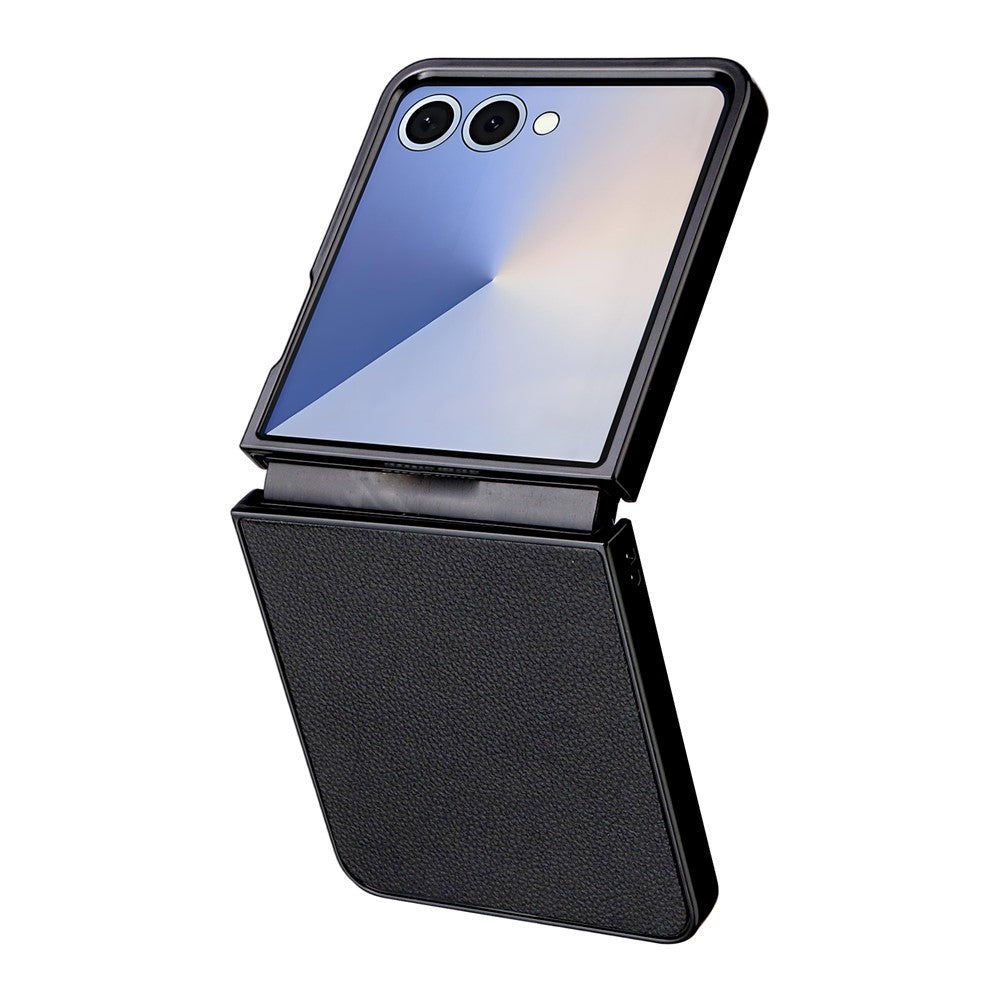 For Samsung Galaxy Z Flip7 5G Case Litchi Texture Leather + Hard PC Phone Cover - Black