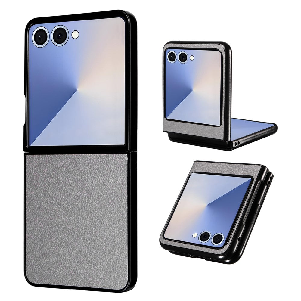 For Samsung Galaxy Z Flip7 5G Case Litchi Texture Leather + Hard PC Phone Cover - Grey