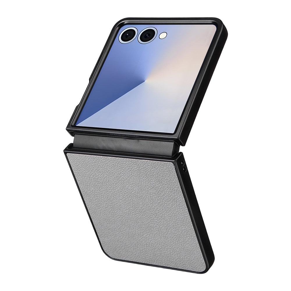 For Samsung Galaxy Z Flip7 5G Case Litchi Texture Leather + Hard PC Phone Cover - Grey