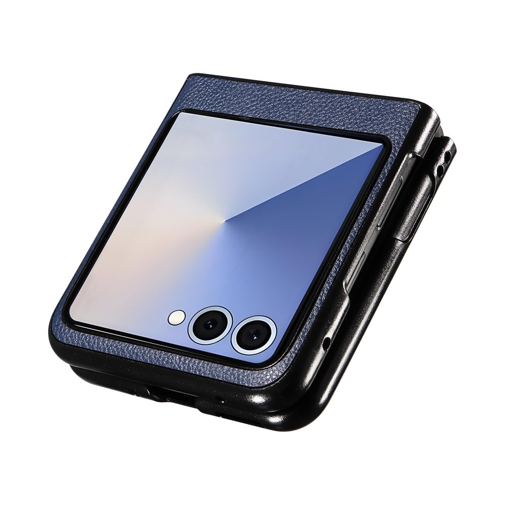 For Samsung Galaxy Z Flip7 5G Case Litchi Texture Leather + Hard PC Phone Cover - Dark Blue