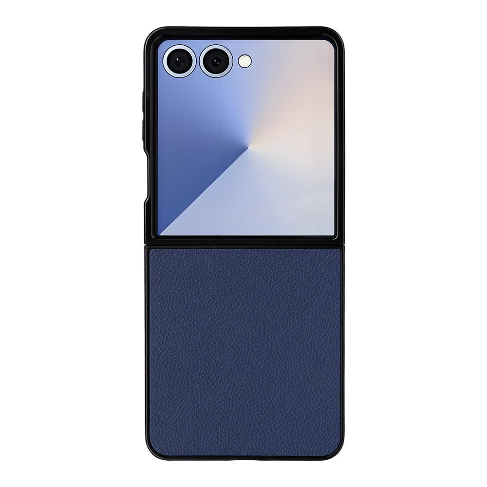 For Samsung Galaxy Z Flip7 5G Case Litchi Texture Leather + Hard PC Phone Cover - Dark Blue