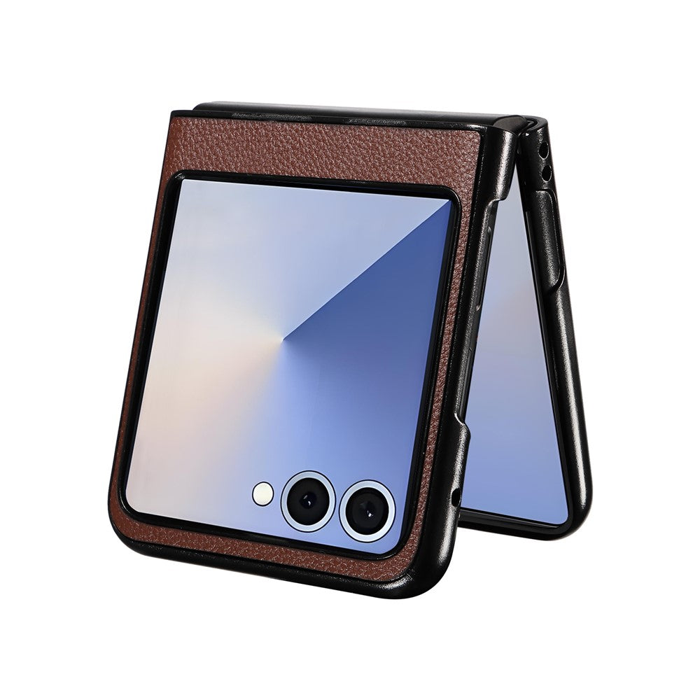 For Samsung Galaxy Z Flip7 5G Case Litchi Texture Leather + Hard PC Phone Cover - Brown