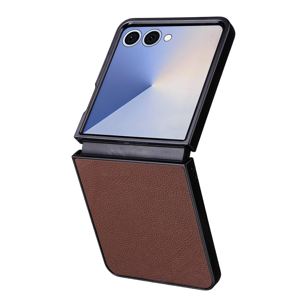 For Samsung Galaxy Z Flip7 5G Case Litchi Texture Leather + Hard PC Phone Cover - Brown